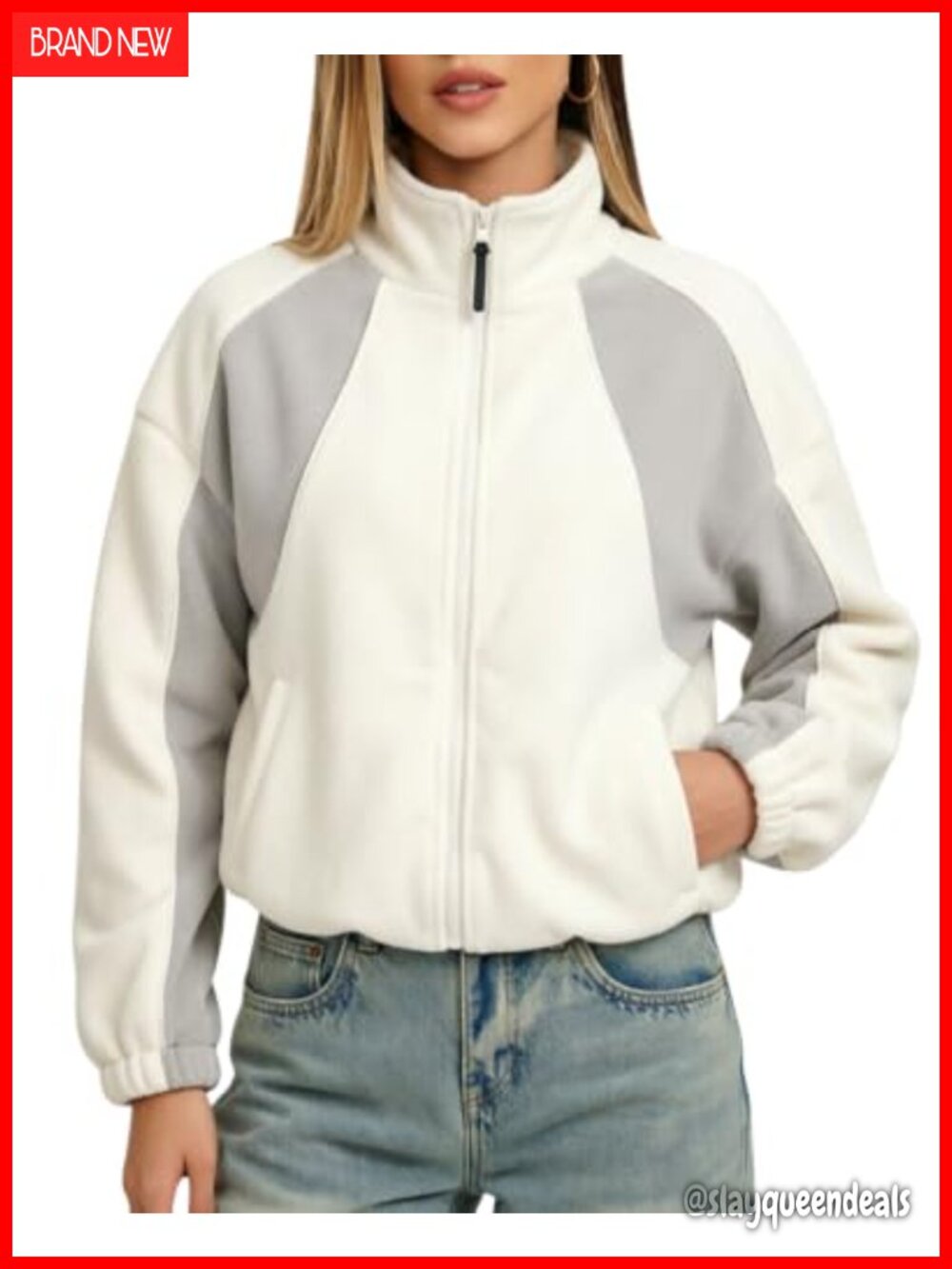 QINSEN Full Zip Fleece Jacket Color Block Sweatshirt Sherpa Coat